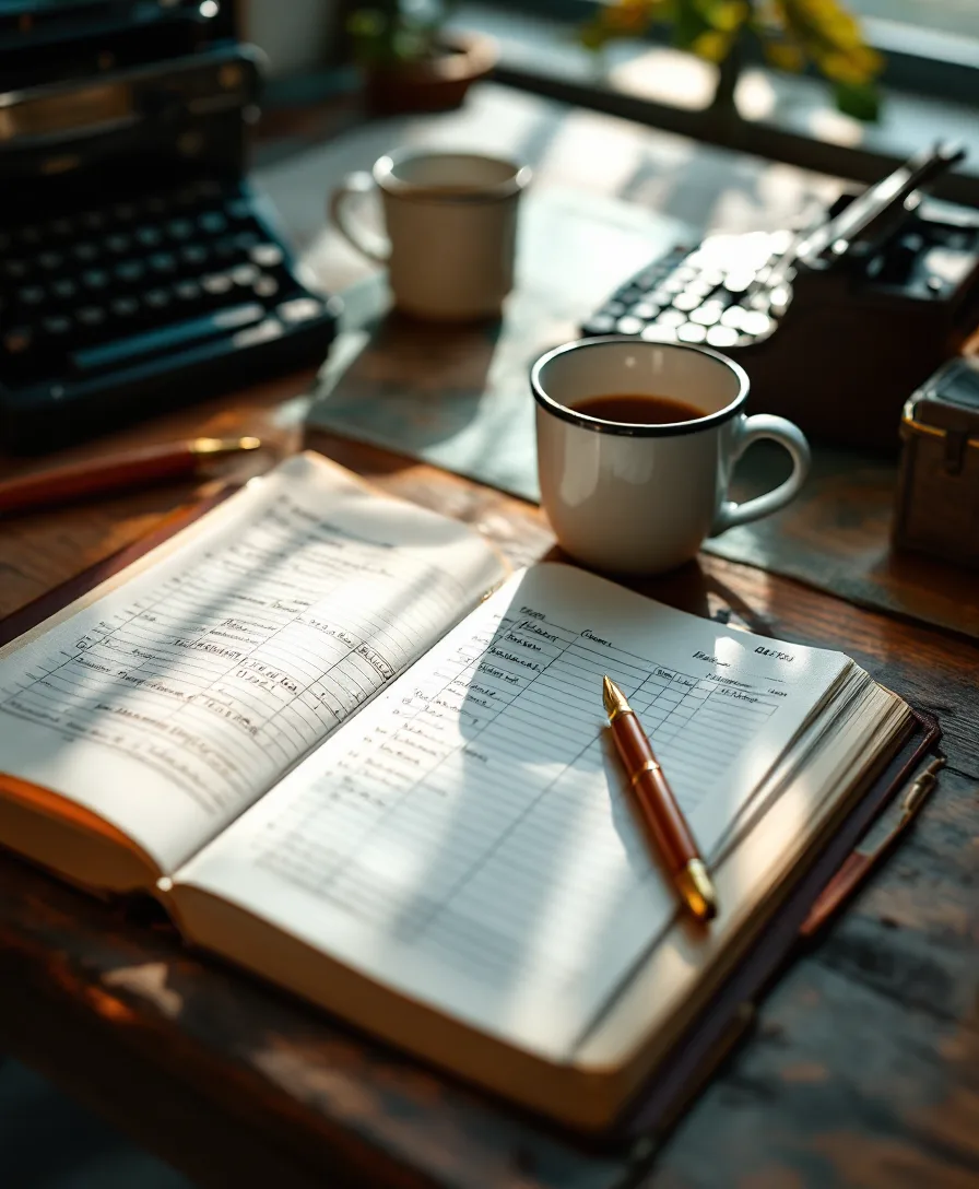 A bookkeeper's desk with an open ledger, fountain pen, and adding machine in warm morning light